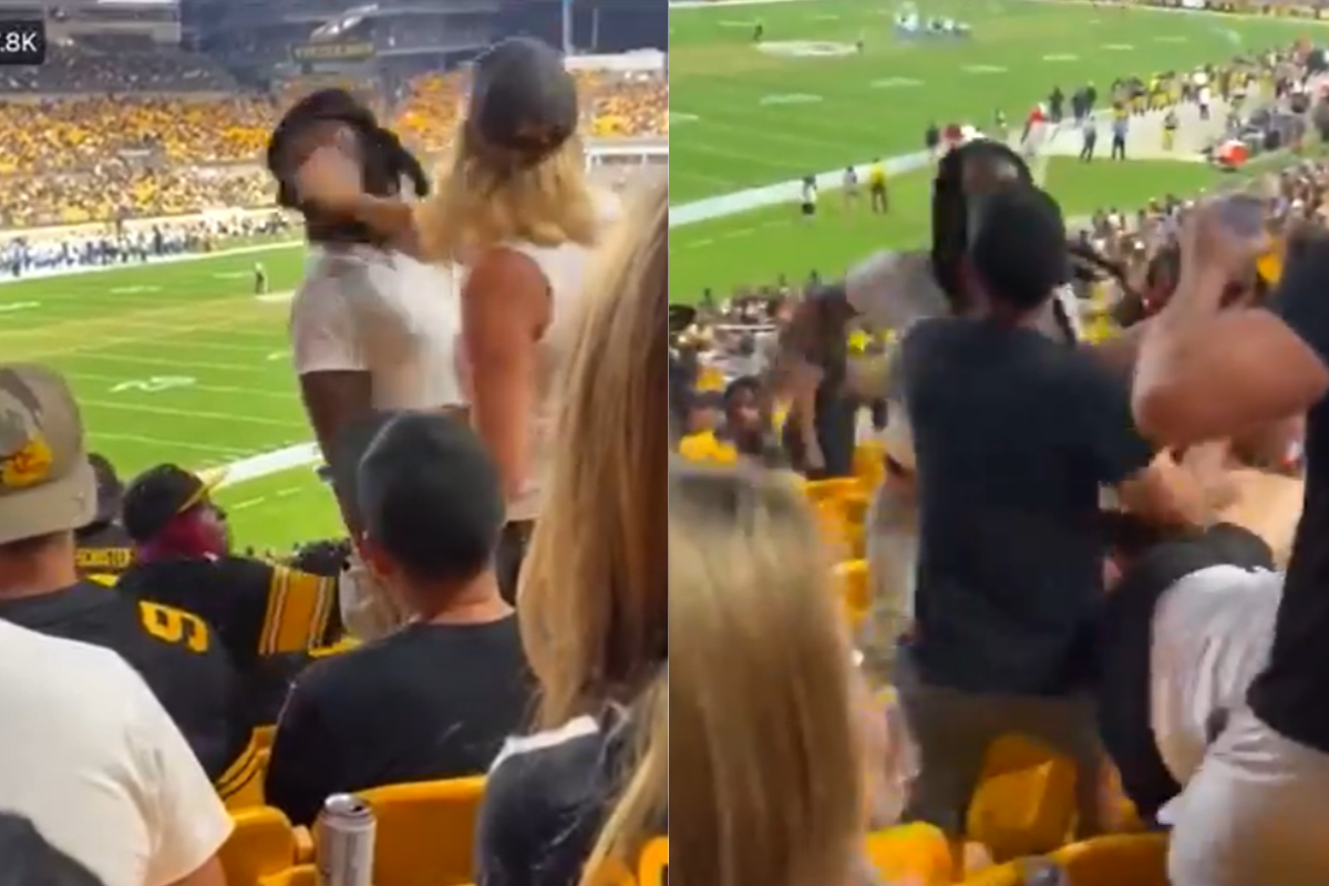 Una mujer y dos hombres se agarran a golpes en partido de los Steelers