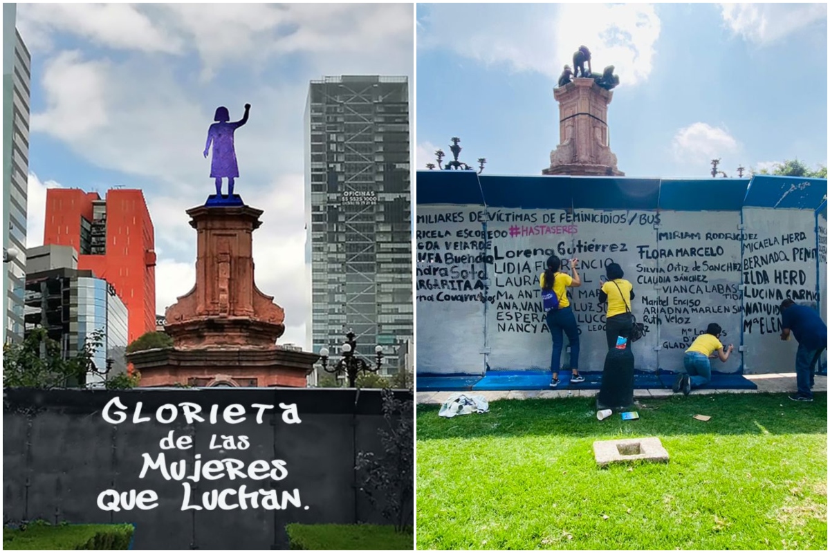 Feministas colocan “antimonumenta” en Glorieta de Colón