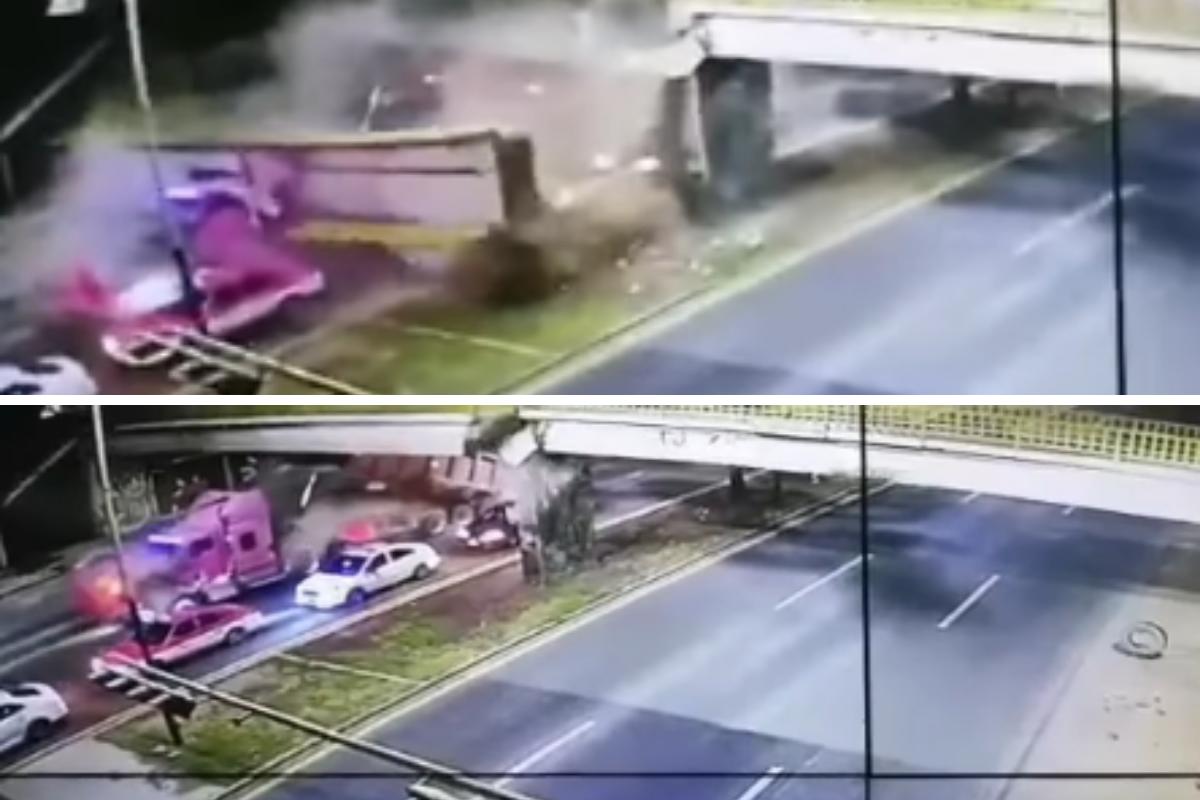 Captan momento exacto en que puente peatonal cae sobre tráiler en la México-Texcoco