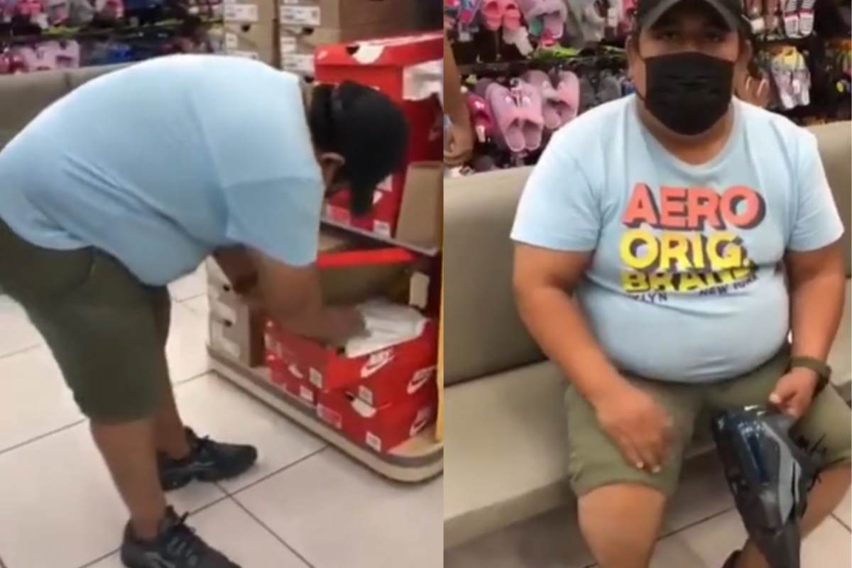 Hombre intenta cambiar sus tenis viejos por unos nuevos en Coppel